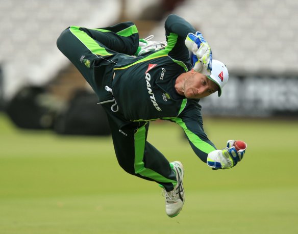 Peter Nevill takes a spectacular catch in training at Lord’s, the day before his Test debut.