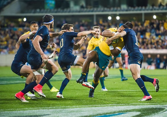 Desperate Argentine defence denies Wallaby Samu Kerevi just short of the try line.
