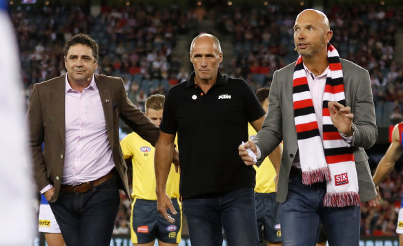Garry Lyon, Tony Lockett and Stewart Loewe delivered a stirring pre-match address at the inaugural Spud’s Game.