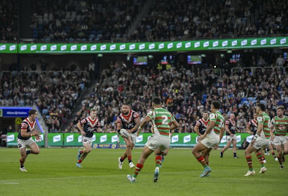 Action from the NRL Rabbitohs v Roosters game at the newly built Allianz Stadium.