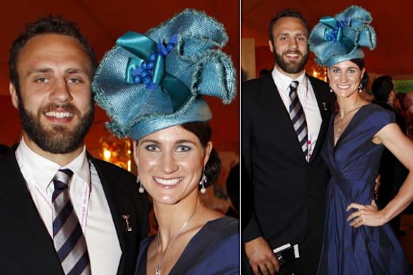Melbourne Rebels rugby union player Adam Byrnes and his partner Sophie Edington at the Myer marquee in the Birdcage at Flemington.