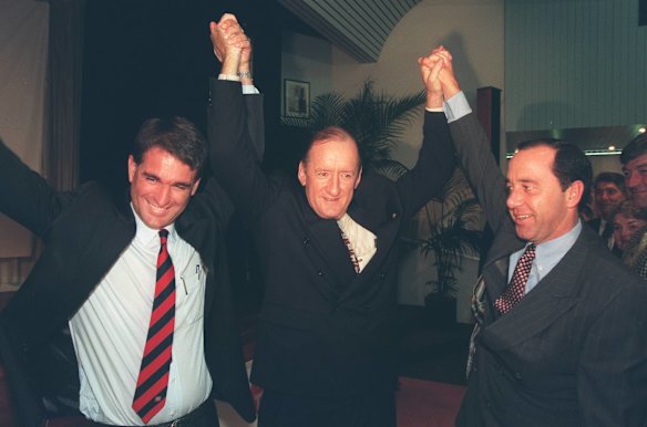 Then Nationals leader Tim Fischer celebrates with Queensland Coalition leader Rob Borbidge after the federal party campaign launch at South Tweed Heads bowling club in the 1990s.