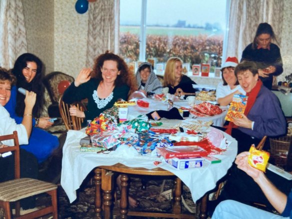 For all those Aussies who spent a White Christmas in Britain: Helen Pitt and friends celebrate Christmas in Britain in 1990.