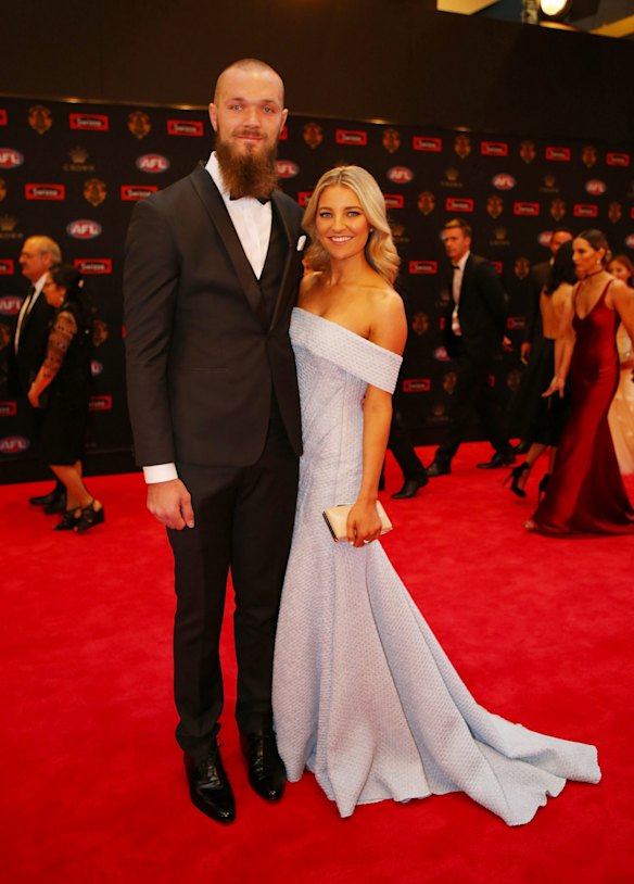 Max Gawn of the Melbourne Demons and Jessica Todd pose on the red carpet ahead of the 2016 AFL Brownlow Medal count at Crown Palladium on September 26, 2016 in Melbourne, Australia.