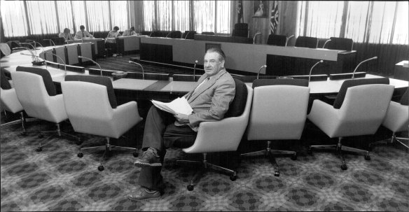 Marrickville council’s newly appointed administrator Mr. Alexander Trevallion in the empty council chambers on December 14, 1982.