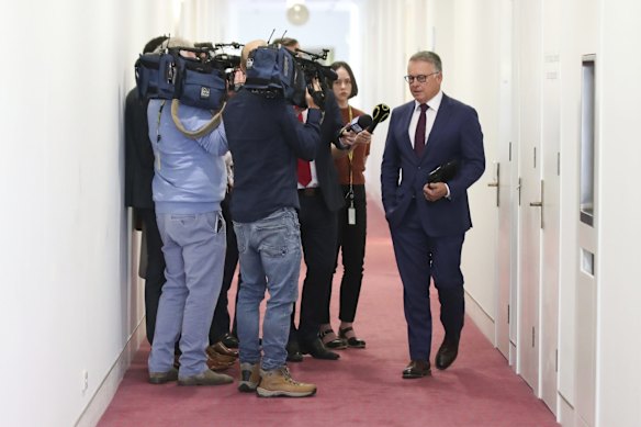 Labor MP Joel Fitzgibbon on an early morning media blitz in the press gallery following the Nationals winning the Upper Hunter seat in the NSW byelection Monday 24 May.