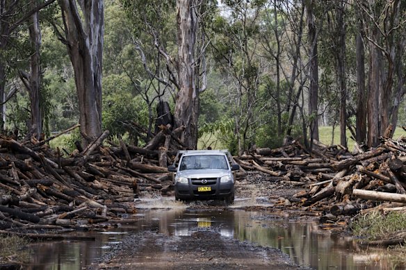 Damage on Summerland Way, north of Grafton, after logs from a pine plantation were swept downstream.