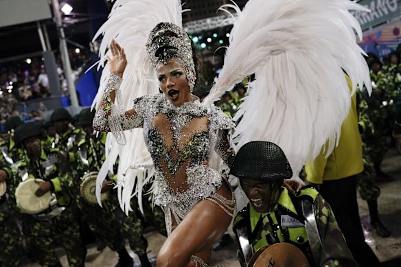 Drum queen Quiteria Chagas from the Imperio Serrano samba school performs during Carnival celebrations at the Sambadrome in Rio de Janeiro.