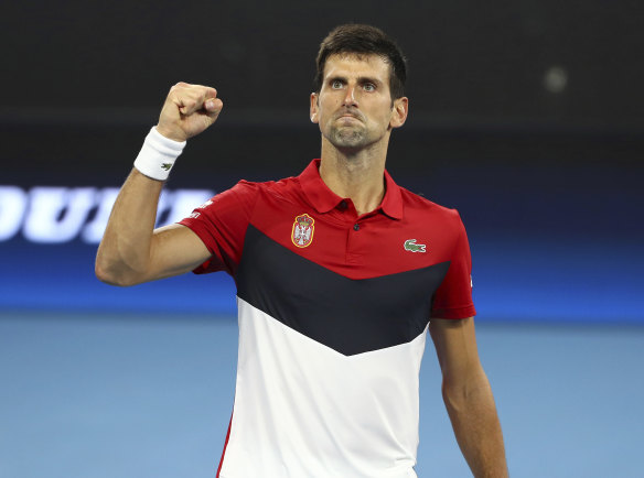 Novak Djokovic of Serbia reacts after winning a point.