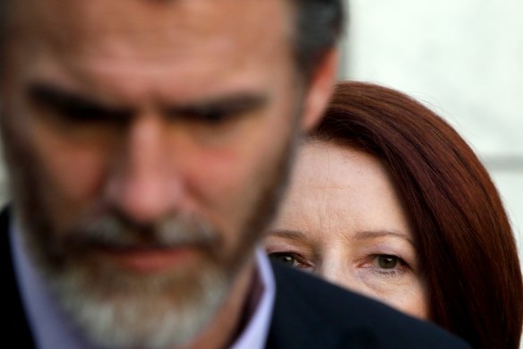 Former prime minister Julia Gillard with independent Rob Oakeshott. 