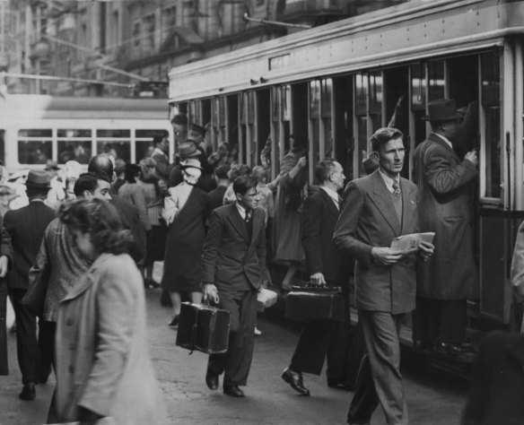 A crowded cram scene, Sydney, 1947. Fare evasion had become rife.