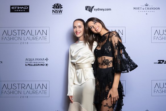 Sisters Kate Fowler and Georgia Fowler (fresh from the Victoria's Secret catwalk) at the 2018 Australian Fashion Laureate Awards at The State Theatre on Tuesday, November 20, 2018.