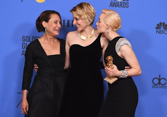 <i>Lady Bird</i> stars Laurie Metcalf (left) and Saoirse Ronan (right) with director Greta Gerwig.