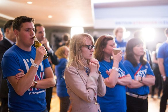 LONDON, ENGLAND - JUNE 24:  Supporters of the Stronger In Campaign watch the results of the EU referendum being announced at the Royal Festival Hall on June 24, 2016 in London, United Kingdom. The United Kingdom has gone to the polls to decide whether or not the country wishes to remain within the European Union. After a hard fought campaign from both REMAIN and LEAVE the vote is too close to call. A result on the referendum is expected on Friday morning. (Photo by Rob Stothard/Getty Images)
