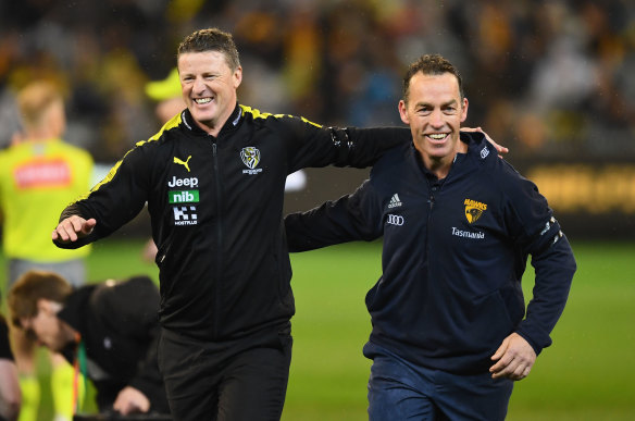 Damien Hardwick and Alastair Clarkson are long-time friends, with Hardwick defending his mentor on Saturday.