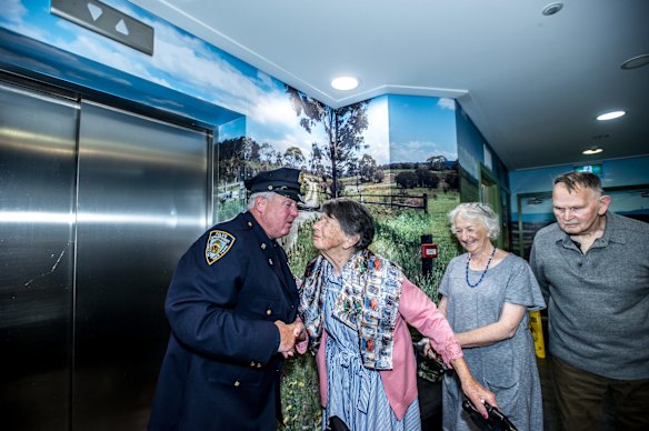 Uniting Care Mirinjani retirement village has granted a lifelong wish for resident Berenice Benson to meet a real New York city cop (something she mentions every tine she gets into the facility lift featuring a poster of the New York skyline). NYPD Detective Howard Shank was glad to accomodate. Also (sister in law Judy Benson and brother John Benson)