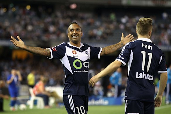 All hail the king: Archie Thompson takes in the applause after scoring against old rivals Sydney FC at Etihad Stadium last December.