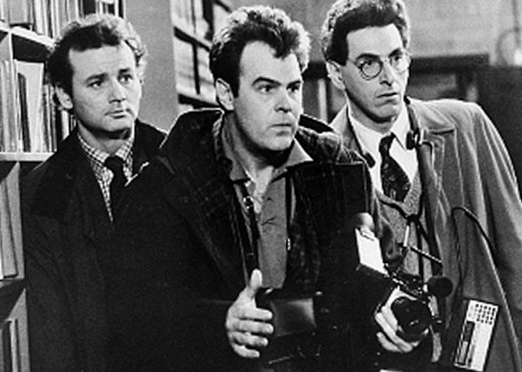 Bill Murray, Dan Aykroyd, center, and Harold Ramis, right, appear in a scene from the 1984 movie <i>Ghostbusters</i>.