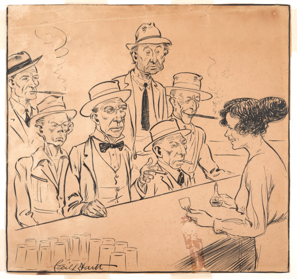 This group portrait of members of the Australian Society of Black and White Artists in 1924 by founding president Cecil Hartt, featuring then PM Billy Hughes, is in the new State Library display.