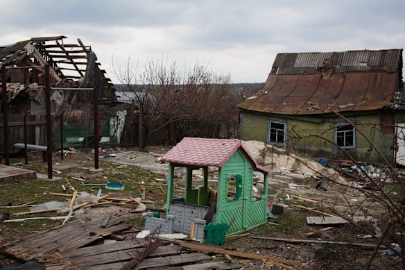 A view of a playhouse in a backyard in Horenka, Ukraine. 