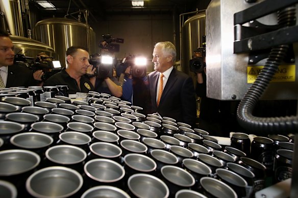Prime Minister Malcolm Turnbull visited the Mornington Peninsula Brewery in Mornington near Melbourne with owner Matt Bebe on Thursday 12 May 2016.