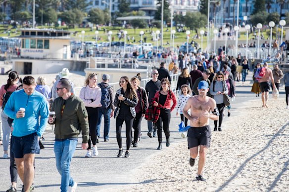 A very busy day at Bondi along the promenade and grassy areas, although the sand and water were much less crowded.