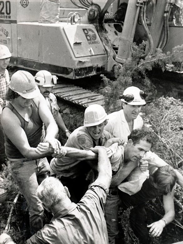 Bob Brown, then a state MP,  is dragged away after trying to stop timber being cleared in Farmhouse Creek, Tasmania, March 1986.