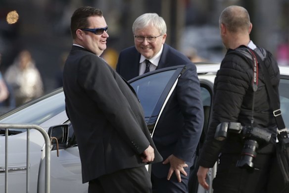 Former Prime Minister Kevin Rudd departs after the state memorial service for former Prime Minister Bob Hawke.