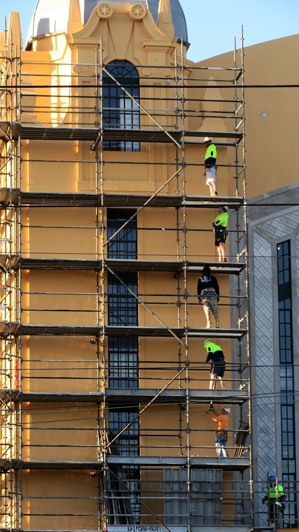 Workers began removing the scaffold on Monday morning.
