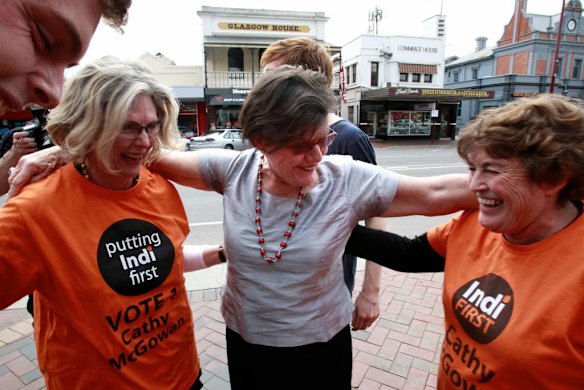 Cathy is congratulated by her supporters in Wangaratta.