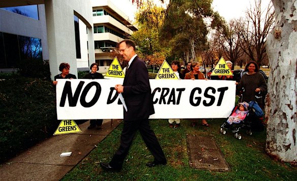 Bob Brown at an anti-GST protest, Canberra, May 1999.