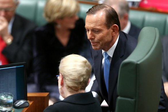 Prime Minister Tony Abbott in discussion with Speaker Bronwyn Bishop during Question Time at Parliament House in Canberra on Wednesday 16th of July,  2014. 