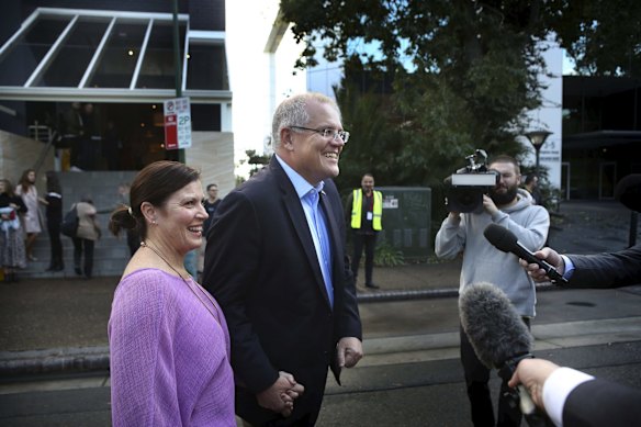 Newly elected Prime Minister Scott Morrison arrives at the Horizon Church in Sutherland with wife Jenny for the morning service.