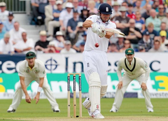England captain Alistair Cook (C) bats on the first day of the fourth Ashes cricket Test match.