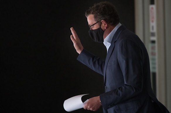 SEPTEMBER 3. Victorian Premier Daniel Andrews waves to the media in attendance prior to his daily media conference. 