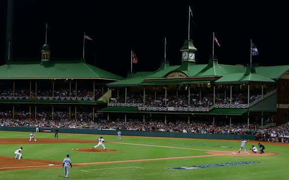 Arizona starting pitcher Wade Miley throwing out the first pitch in the Opening Game of the 2014 MLB Season Between the Arizona Diamonbacks and LA Dodgers at the SCG.