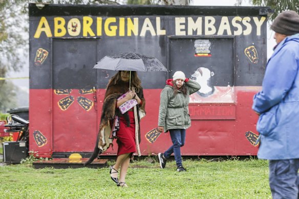 Senator Lidia Thorpe after a smoking ceremony to welcome her to Ngunnawal and Ngambri Country by the Traditional Custodians of the land, at the Aboriginal tent embassy in front of Old Parliament House, in Canberra on 6th October 2020.