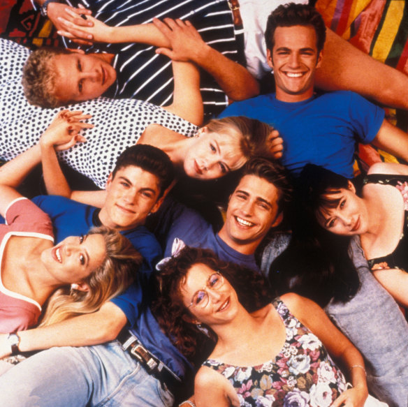 The cast of Beverly Hills, 90210 in their heyday. Clockwise from top left: Ian Ziering, Luke Perry, Shannen Doherty, Jason Priestley, Tori Spelling, Brian Austin Green and Jennie Garth.