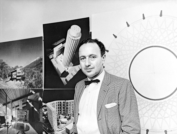 Architect Harry Seidler, a driving force in Sydney's reach for the sky, with models of his Australia Square building in 1964. It was completed in 1967 and was at the time the world's tallest lightweight concrete building.