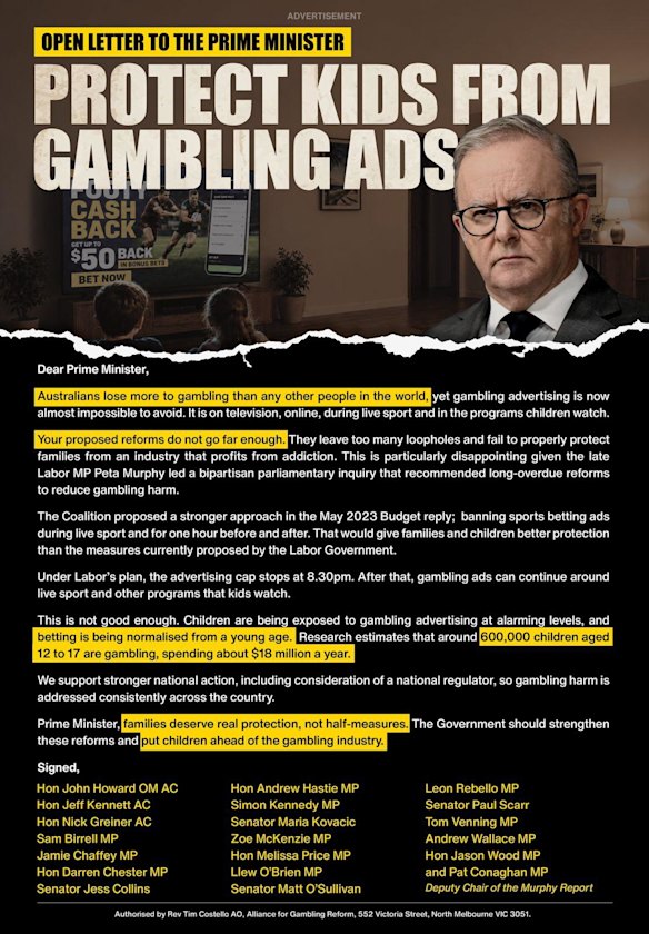 The advertisement in the Sydney Morning Herald and The Age on Friday.