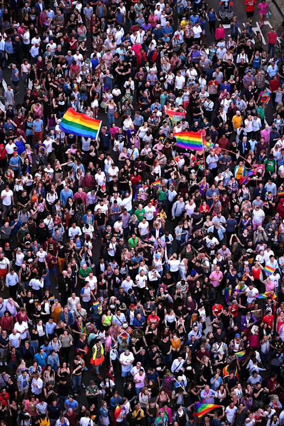 Supporters for the YES vote for marriage equality march down Oxford St from Taylor Square in Darlinghurst.