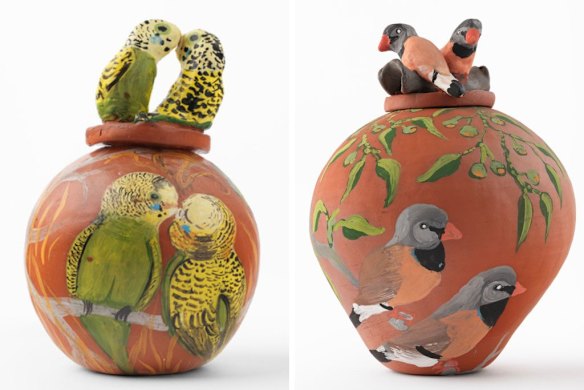 Budgerigars (2000, left) and Wrens (1998) by Judith Inkamala.