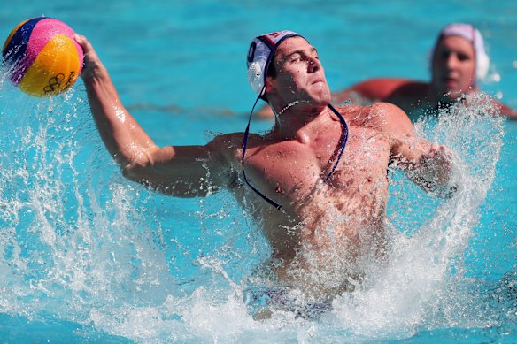 Bret Bonanni of the United States shoots the ball against Croatia during the Men's Water Polo Preliminary Round Group B match.