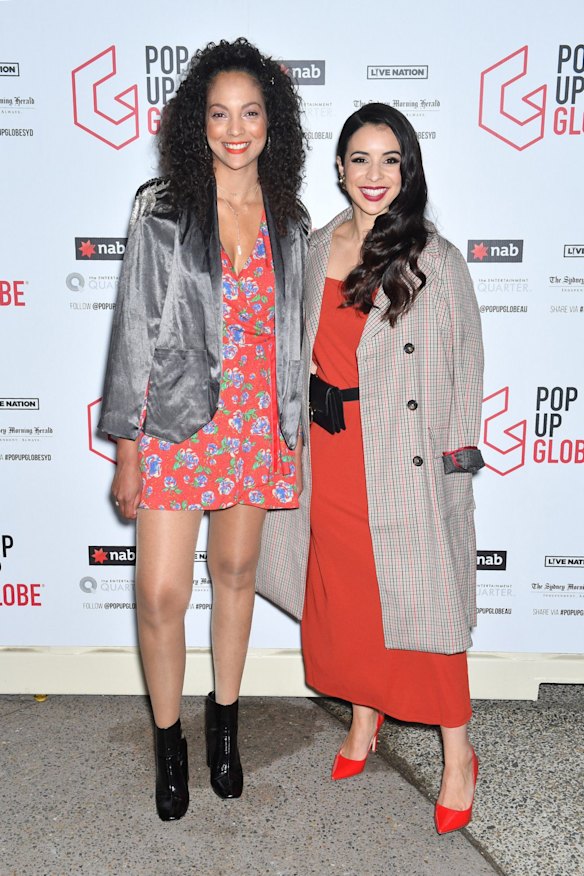 Melissa Bonne, actor, and Kat Hoyos, Here Come the Habibs actor, at the Pop-up Globe opening night.