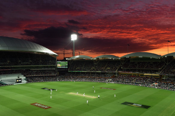 The day-night Test scene at the Adelaide Oval.
