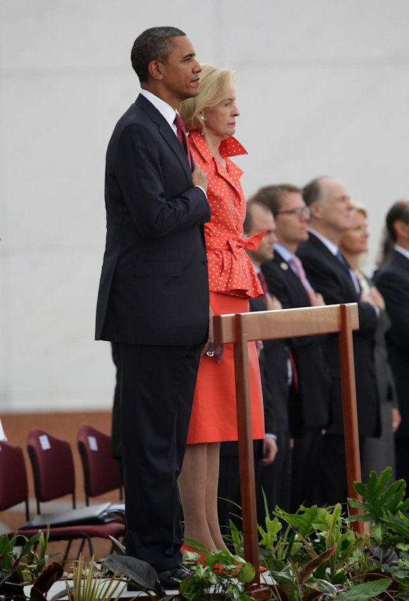 President of the United States Barack Obama and Governor-General of Australia Quentin Bryce during the national anthems at the ceremonial arrival at Parliament House Canberra.
