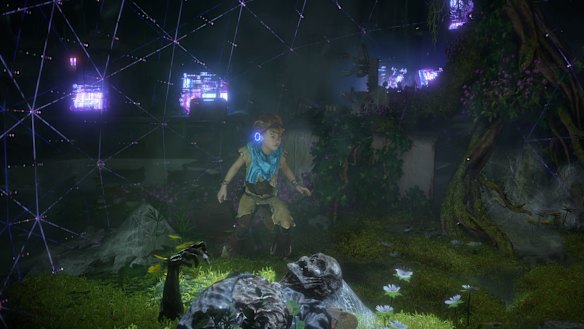 Young Aloy discovers her Focus in an ancient ruin.