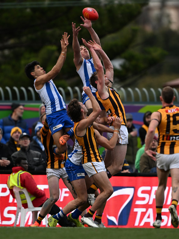 Cam Zurhaar flies for a mark against Hawthorn on Saturday but it wasn’t a day to remember for the Kangaroos.