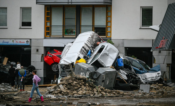 Streets and homes damaged by the flooding of the Ahr River in Bad Neuenahr, Germany. 