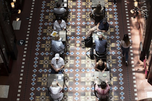 People grab some lunch at the Strand Arcade in the Sydney CBD on the 18th prior to restrictions imposed due to the Avalon cluster.
